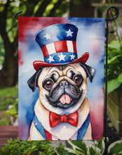 Load image into Gallery viewer, Pug Patriotic American Garden Flag – Dog in Uncle Sam Hat | Red, White &amp; Blue Outdoor Decor