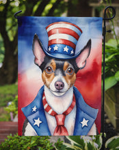 Load image into Gallery viewer, Rat Terrier Patriotic American Garden Flag – Dog in Uncle Sam Hat | Red, White &amp; Blue Outdoor Decor