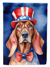 Load image into Gallery viewer, Redbone Coonhound Patriotic American Garden Flag – Dog in Uncle Sam Hat | Red, White &amp; Blue Outdoor Decor
