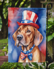 Load image into Gallery viewer, Rhodesian Ridgeback Patriotic American Garden Flag – Dog in Uncle Sam Hat | Red, White &amp; Blue Outdoor Decor