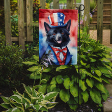Load image into Gallery viewer, Schipperke Patriotic American Garden Flag – Dog in Uncle Sam Hat | Red, White &amp; Blue Outdoor Decor