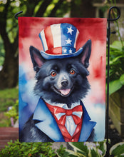 Load image into Gallery viewer, Schipperke Patriotic American Garden Flag – Dog in Uncle Sam Hat | Red, White &amp; Blue Outdoor Decor