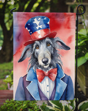 Load image into Gallery viewer, Scottish Deerhound Patriotic American Garden Flag – Dog in Uncle Sam Hat | Red, White &amp; Blue Outdoor Decor