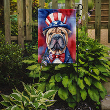 Load image into Gallery viewer, Shar Pei Patriotic American Garden Flag – Dog in Uncle Sam Hat | Red, White &amp; Blue Outdoor Decor