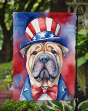 Load image into Gallery viewer, Shar Pei Patriotic American Garden Flag – Dog in Uncle Sam Hat | Red, White &amp; Blue Outdoor Decor