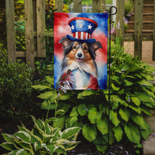 Load image into Gallery viewer, Sheltie Patriotic American Garden Flag – Dog in Uncle Sam Hat | Red, White &amp; Blue Outdoor Decor
