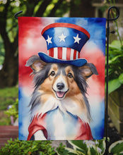 Load image into Gallery viewer, Sheltie Patriotic American Garden Flag – Dog in Uncle Sam Hat | Red, White &amp; Blue Outdoor Decor