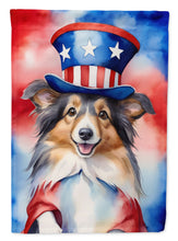 Load image into Gallery viewer, Sheltie Patriotic American Garden Flag – Dog in Uncle Sam Hat | Red, White &amp; Blue Outdoor Decor