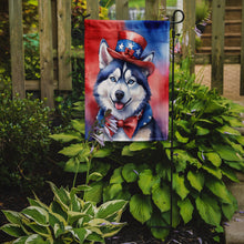 Load image into Gallery viewer, Siberian Husky Patriotic American Garden Flag – Dog in Uncle Sam Hat | Red, White &amp; Blue Outdoor Decor