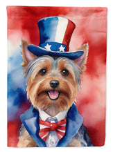 Load image into Gallery viewer, Silky Terrier Patriotic American Garden Flag – Dog in Uncle Sam Hat | Red, White &amp; Blue Outdoor Decor