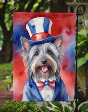 Load image into Gallery viewer, Skye Terrier Patriotic American Garden Flag – Dog in Uncle Sam Hat | Red, White &amp; Blue Outdoor Decor