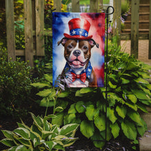Load image into Gallery viewer, Staffordshire Bull Terrier Patriotic American Garden Flag – Dog in Uncle Sam Hat | Red, White &amp; Blue Outdoor Decor