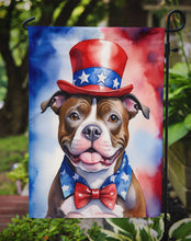 Load image into Gallery viewer, Staffordshire Bull Terrier Patriotic American Garden Flag – Dog in Uncle Sam Hat | Red, White &amp; Blue Outdoor Decor