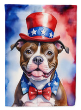 Load image into Gallery viewer, Staffordshire Bull Terrier Patriotic American Garden Flag – Dog in Uncle Sam Hat | Red, White &amp; Blue Outdoor Decor