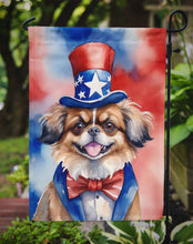 Load image into Gallery viewer, Tibetan Spaniel Patriotic American Garden Flag – Dog in Uncle Sam Hat | Red, White &amp; Blue Outdoor Decor