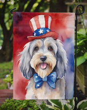 Load image into Gallery viewer, Tibetan Terrier Patriotic American Garden Flag – Dog in Uncle Sam Hat | Red, White &amp; Blue Outdoor Decor