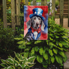 Load image into Gallery viewer, Weimaraner Patriotic American Garden Flag – Dog in Uncle Sam Hat | Red, White &amp; Blue Outdoor Decor