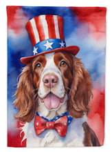 Load image into Gallery viewer, Welsh Springer Spaniel Patriotic American Garden Flag – Dog in Uncle Sam Hat | Red, White &amp; Blue Outdoor Decor