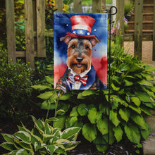 Load image into Gallery viewer, Welsh Terrier Patriotic American Garden Flag – Dog in Uncle Sam Hat | Red, White &amp; Blue Outdoor Decor