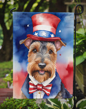 Load image into Gallery viewer, Welsh Terrier Patriotic American Garden Flag – Dog in Uncle Sam Hat | Red, White &amp; Blue Outdoor Decor