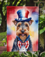 Load image into Gallery viewer, Welsh Terrier Patriotic American Garden Flag – Dog in Uncle Sam Hat | Red, White &amp; Blue Outdoor Decor