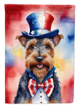Load image into Gallery viewer, Welsh Terrier Patriotic American Garden Flag – Dog in Uncle Sam Hat | Red, White &amp; Blue Outdoor Decor