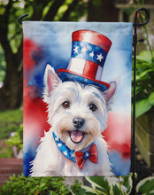 Load image into Gallery viewer, Westie Patriotic American Garden Flag – Dog in Uncle Sam Hat | Red, White &amp; Blue Outdoor Decor