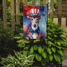 Load image into Gallery viewer, Whippet Patriotic American Garden Flag – Dog in Uncle Sam Hat | Red, White &amp; Blue Outdoor Decor