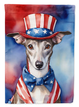 Load image into Gallery viewer, Whippet Patriotic American Garden Flag – Dog in Uncle Sam Hat | Red, White &amp; Blue Outdoor Decor