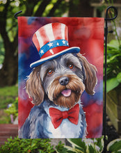 Load image into Gallery viewer, Wirehaired Pointing Griffon Patriotic American Garden Flag – Dog in Uncle Sam Hat | Red, White &amp; Blue Outdoor Decor