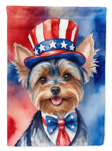 Load image into Gallery viewer, Yorkshire Terrier Patriotic American Garden Flag – Dog in Uncle Sam Hat | Red, White &amp; Blue Outdoor Decor