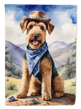 Load image into Gallery viewer, Airedale Terrier Cowboy Welcome Garden Flag – Western Dog Yard Decor with Mountain Landscape