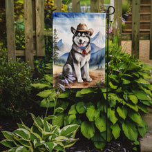 Load image into Gallery viewer, Alaskan Malamute Cowboy Welcome Garden Flag – Western Dog Yard Decor with Mountain Landscape