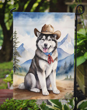Load image into Gallery viewer, Alaskan Malamute Cowboy Welcome Garden Flag – Western Dog Yard Decor with Mountain Landscape