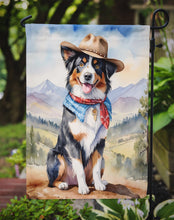 Load image into Gallery viewer, Australian Shepherd Cowboy Welcome Garden Flag – Western Dog Yard Decor with Mountain Landscape