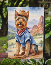 Load image into Gallery viewer, Australian Terrier Cowboy Welcome Garden Flag – Western Dog Yard Decor with Mountain Landscape