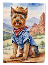 Load image into Gallery viewer, Australian Terrier Cowboy Welcome Garden Flag – Western Dog Yard Decor with Mountain Landscape