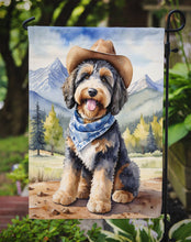 Load image into Gallery viewer, Bernedoodle Cowboy Welcome Garden Flag – Western Dog Yard Decor with Mountain Landscape