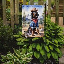 Load image into Gallery viewer, Black and Tan Coonhound Cowboy Welcome Garden Flag – Western Dog Yard Decor with Mountain Landscape