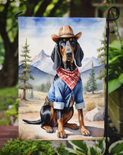 Load image into Gallery viewer, Black and Tan Coonhound Cowboy Welcome Garden Flag – Western Dog Yard Decor with Mountain Landscape