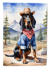 Load image into Gallery viewer, Black and Tan Coonhound Cowboy Welcome Garden Flag – Western Dog Yard Decor with Mountain Landscape