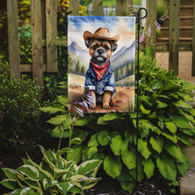 Load image into Gallery viewer, Border Terrier Cowboy Welcome Garden Flag – Western Dog Yard Decor with Mountain Landscape