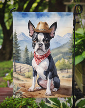 Load image into Gallery viewer, Boston Terrier Cowboy Welcome Garden Flag – Western Dog Yard Decor with Mountain Landscape