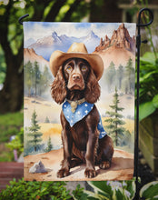 Load image into Gallery viewer, Boykin Spaniel Cowboy Welcome Garden Flag – Western Dog Yard Decor with Mountain Landscape