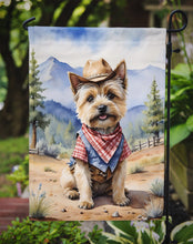 Load image into Gallery viewer, Cairn Terrier Cowboy Welcome Garden Flag – Western Dog Yard Decor with Mountain Landscape