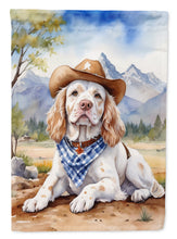 Load image into Gallery viewer, Clumber Spaniel Cowboy Welcome Garden Flag – Western Dog Yard Decor with Mountain Landscape