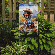 Load image into Gallery viewer, Dachshund Cowboy Welcome Garden Flag – Western Dog Yard Decor with Mountain Landscape