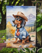 Load image into Gallery viewer, Dachshund Cowboy Welcome Garden Flag – Western Dog Yard Decor with Mountain Landscape