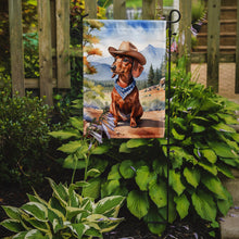Load image into Gallery viewer, Dachshund Cowboy Welcome Garden Flag – Western Dog Yard Decor with Mountain Landscape