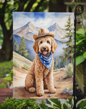 Load image into Gallery viewer, Goldendoodle Cowboy Welcome Garden Flag – Western Dog Yard Decor with Mountain Landscape
